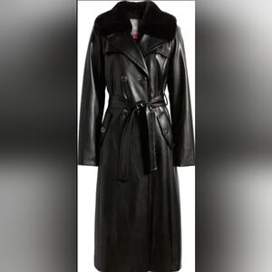 Vince Camuto Black Faux Leather Trench Coat With Removable Fur